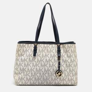 Michael Kors Navy Blue/White Signature Coated Canvas and Leather Jet Set Tote