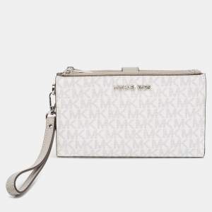 Pre Owned Michael Kors Grey/White Signature Coated Canvas and Leather Adele Wristlet Wallet