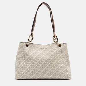 Pre Owned Michael Kors White/Brown Signature Coated Canvas and Leather Trisha Tote