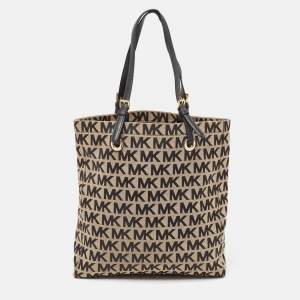 Michael Kors Black/Beige Signature Canvas and Leather Jet Set Tote