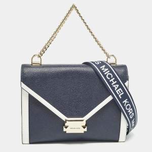 Michael Kors Dark Blue/White Leather Large Whitney Convertible Shoulder Bag