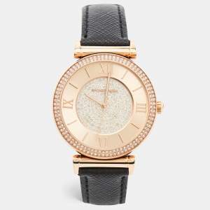 Michael Kors Champagne Crystal Pavéd Rose Gold Plated Stainless Steel Leather Catlin MK2376 Women's Wristwatch 38 mm