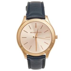 Michael Kors Salmon Rose Gold Plated Stainless Steel Leather Slim Runway MK-2466 Women's Wristwatch 42mm