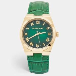 Michael Kors Green Gold Plated Stainless Steel Leather Channing MK2356 Unisex Wristwatch 38 mm 