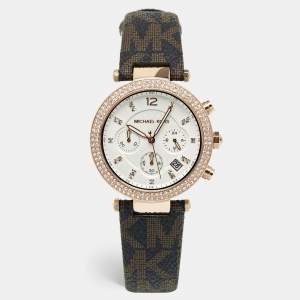 Michael Kors White Rose Gold Plated Stainless Steel Leather Parker MK6917 Women's Wristwatch 39 mm 