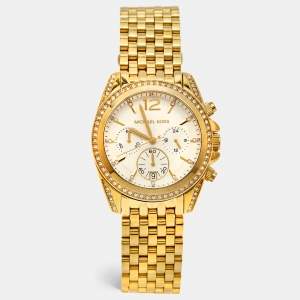 Michael Kors White Dial Gold Plated Stainless Steel Crystal Embellished Pressly MK5835 Women's Wristwatch 39 mm