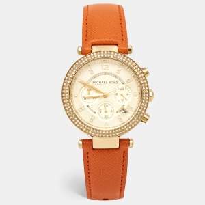 MIchael Kors Champagne Gold Plated Stainless Steel Leather Crystal Embellished Parker MK2279 Women's Wristwatch 39 mm