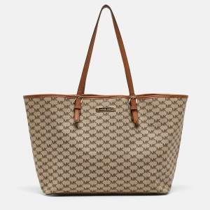 Pre Owned MICHAEL Michael Kors Brown/Beige Signature Coated Canvas and Leather Emery Tote