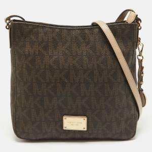 MICHAEL Michael Kors Brown/Beige Sigature Coated Canvas and Leather Jet Set Travel Messenger Bag