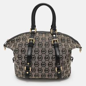 MICHAEL Michael Kors Beige/Black Monogram Canvas and Leather Bedford Satchel
