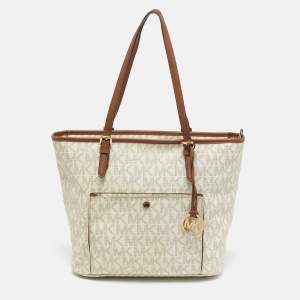 MICHAEL Michael Kors Off White Signature Coated Canvas  Jet Set Snap Pocket Tote