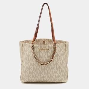 MICHAEL Michael Kors White/Brown Signature Coated Canvas and Leather Shopper Tote