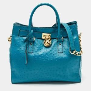 MICHAEL Michael Kors Black Blue Ostrich Embossed Leather Large North South Hamilton Tote