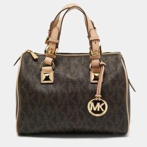 MICHAEL Michael Kors Brown/Beige Signature Coated Canvas and Leather Grayson Boston Bag