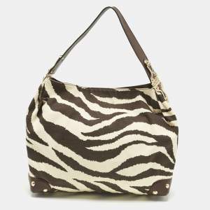 Pre Owned MICHAEL Michael Kors Brown/Cream Zebra Print Canvas and Leather Hobo