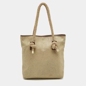 Pre Owned MICHAEL Michael Kors Gold/Brown Shimmer Canvas Knotted Handle Tote