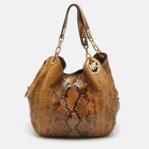 Pre Owned MICHAEL Michael Kors Brown Suede Python Effect Lillie Hobo