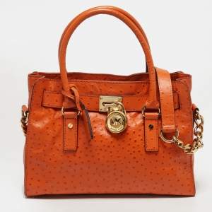 Pre Owned MICHAEL Michael Kors Hamilton Medium Orange Ostrich Embossed Leather Tote