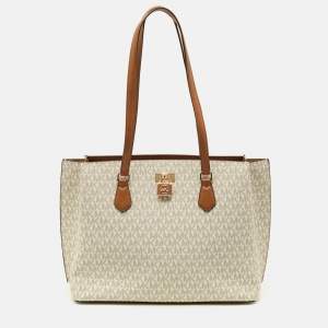مملوكة مسبقًا MICHAEL Michael Kors Ruby White/Brown Signature Coated Canvas and Leather Tote