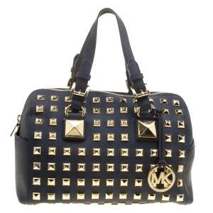Pre Owned Michael Michael Kors Navy Blue Leather Studded Grayson Satchel