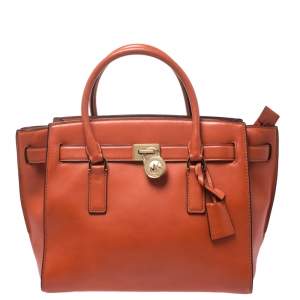 Pre Owned MICHAEL Michael Kors Orange Leather Medium Hamilton Tote
