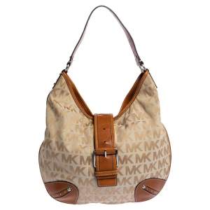 مملوكة مسبقًا حقيبة هوبو مايكل مايكل كورس جلد و كانفاس مطبوع شعار الماركة بيج و بني فاتح