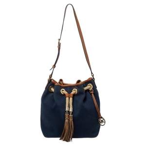 Pre Owned Michael Michael Kors Navy Blue/Brown Canvas and Leather Marina Drawstring Bucket Bag