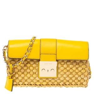 Pre Owned MICHAEL Michael Kors Mustard Woven Straw and Leather Gabriella Shoulder Bag