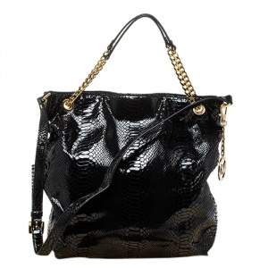 Pre Owned MICHAEL Michael Kors Black Python Effect Patent Leather Chain Shoulder Bag