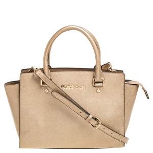 Pre Owned MICHAEL Michael Kors Metallic Gold Leather Medium Selma Satchel