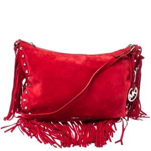 Pre Owned Michael Michael Kors Red Suede Dakota Fringe Crossbody Bag