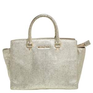 Pre Owned حقيبة يد مايكل مايكل كورس متوسطة جلد نقش سحلية ذهبية ميتالك 