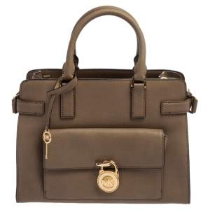 Pre Owned MICHAEL Michael Kors Dark Beige Leather Large Emma Satchel