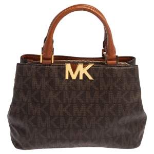 Pre Owned MICHAEL Michael Kors Brown Signature Coated Canvas and Leather Florence Satchel