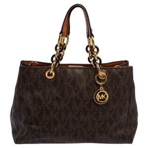 Pre Owned MICHAEL Michael Kors Brown Signature Coated Canvas Medium Cynthia Satchel
