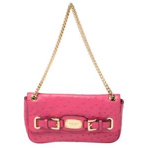Pre Owned MICHAEL Michael Kors Fuchsia Embossed Ostrich Leather Zinnia Shoulder Bag