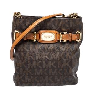 Pre Owned Michael Kors Brown/Tan Coated Canvas and Leather Hamilton Crossbody Bag