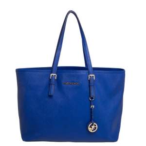 Pre Owned MICHAEL Michael Kors Blue Saffiano Leather Large Jet Set Middle Zip Shopper Tote