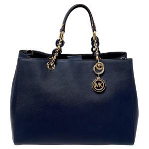 Pre Owned MICHAEL Michael Kors Navy Blue Leather Large Cynthia Tote