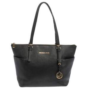 Pre Owned MICHAEL Michael Kors Black Leather Medium Jet Set Top Zip Tote