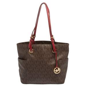Pre Owned MICHAEL Michael Kors Brown/Red Signature Coated Canvas and Leather Jet Set Tote