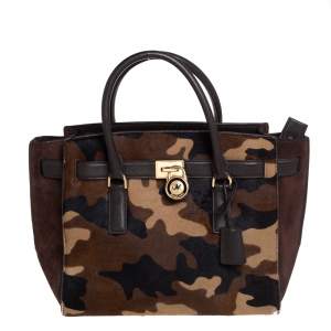 Pre Owned MICHAEL Michael Kors Brown Camouflage Calfhair,Suede and Leather Hamilton Tote 