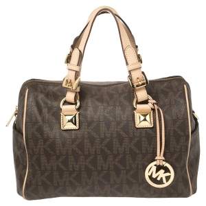 Pre Owned MICHAEL Michael Kors Brown/Beige Signature Coated Canvas and Leather Grayson Boston Bag
