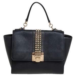 Pre Owned MICHAEL Michael Kors Black Leather Tina Studded Top Handle Bag