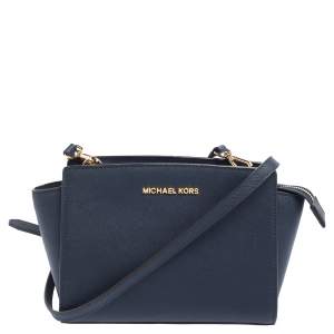 Pre Owned MICHAEL Michael Kors Navy Blue Leather Small Selma Crossbody Bag