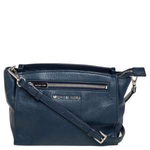 Pre Owned MICHAEL Michael Kors Navy Blue Leather Top Zip Crossbody Bag