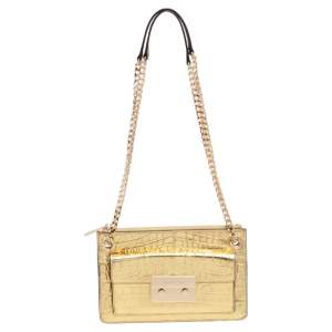 Pre Owned MICHAEL Michael Kors Metallic Gold Croc Embossed Leather Sloan Shoulder Bag