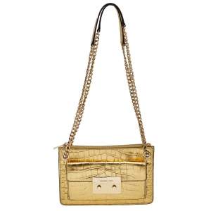 Pre Owned MICHAEL Michael Kors Metallic Gold Croc Embossed Leather Sloan Shoulder Bag