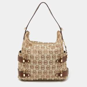 مملوكة مسبقًا حقيبة هوبو مايكل مايكل كورس جلد وكانفاس بالشعار بني/بيج