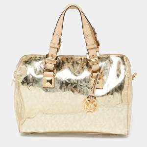 Pre Owned حقيبة ساتشل مايكل مايكل كورس غريسون جلد ذهبي ميتاليك متوسطة بشعار عاكس